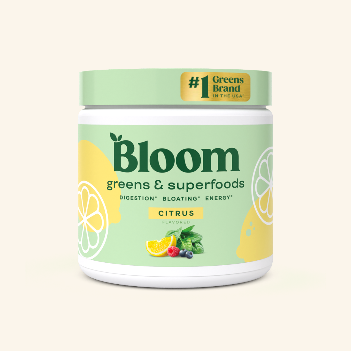 A container of Bloom greens & superfoods powder in Citrus flavor, labeled as supporting digestion, bloating, and energy. 30 servings.