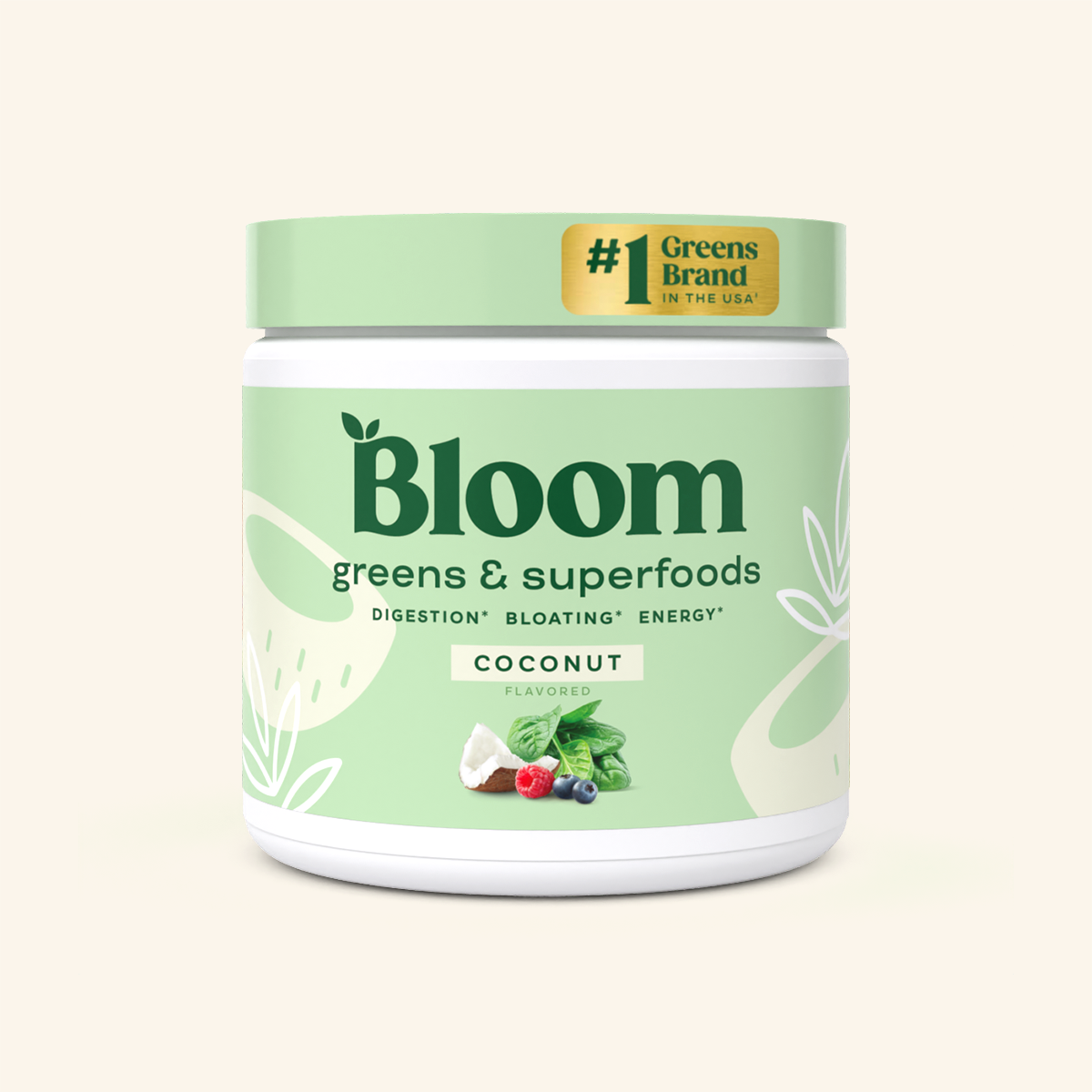 A container of Bloom greens & superfoods powder in Coconut flavor, labeled as supporting digestion, bloating, and energy. 30 servings.