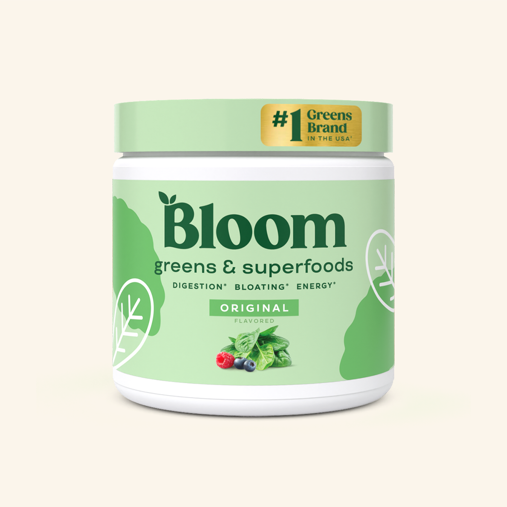 A container of Bloom greens & superfoods powder with the original flavor, labeled as supporting digestion, bloating, and energy. 30 servings.